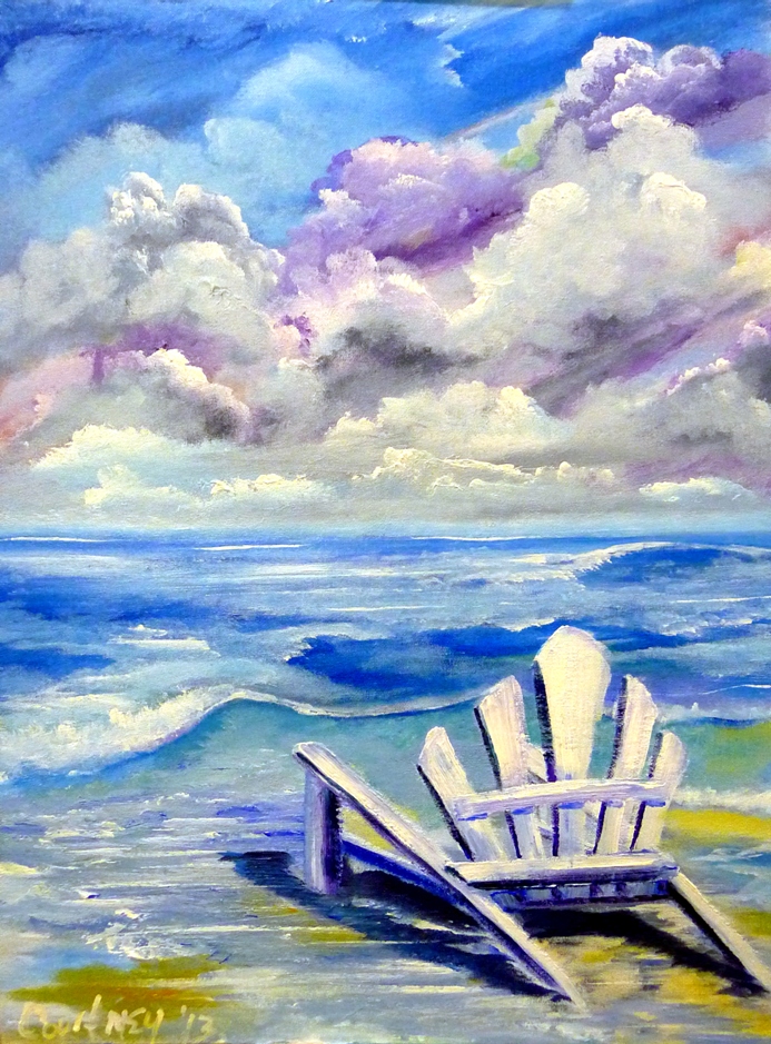 Beach Chair Beach Chait in the Ocean on the Sea Shore Beach - Original Art